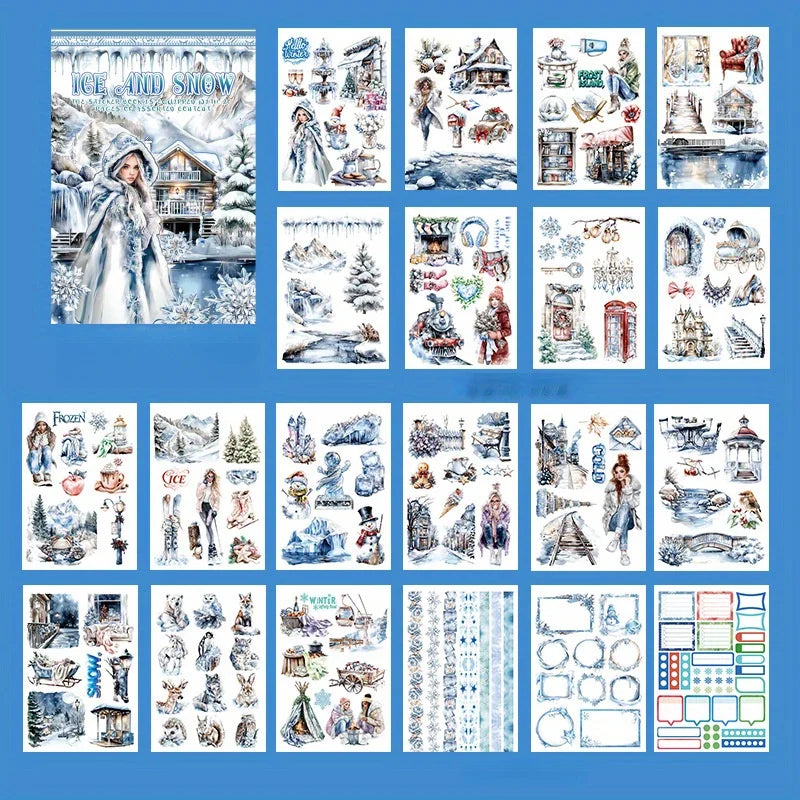 6 Pack 120 Sheets A5 Winter Wonderland Sticker Book, PET Pre Cut Vintage Decals for Journaling, Scrapbooking DIY Craft Supplies